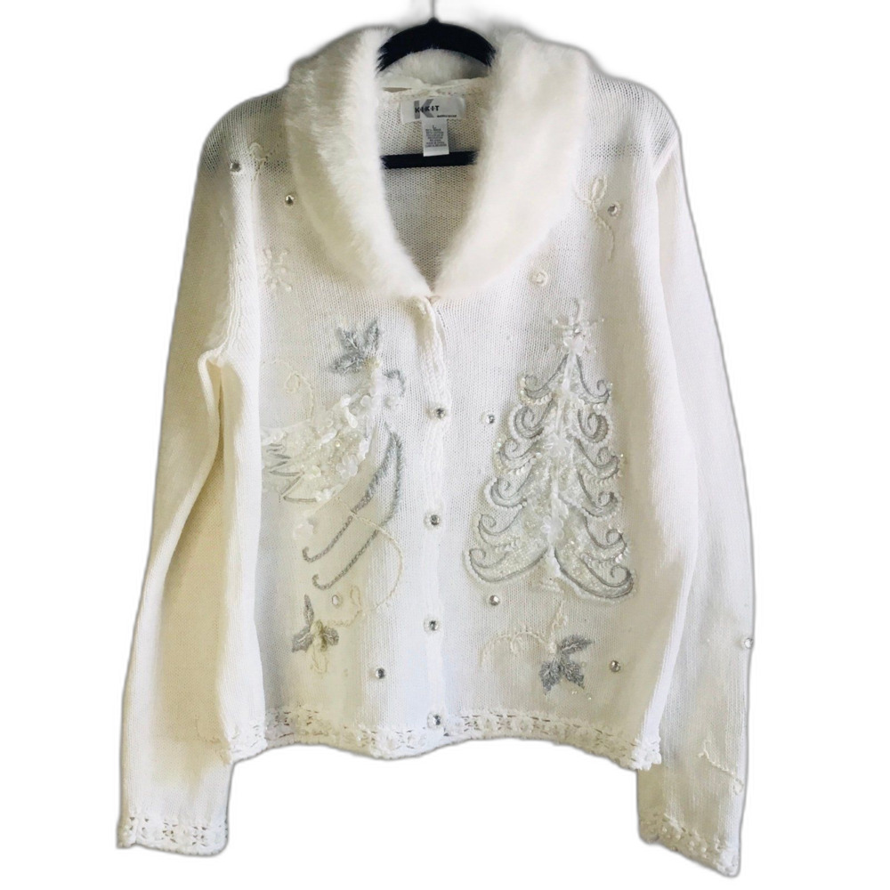 Vintage Ramie/Cotten knitted winter Christmas cardigan with detachable collar L